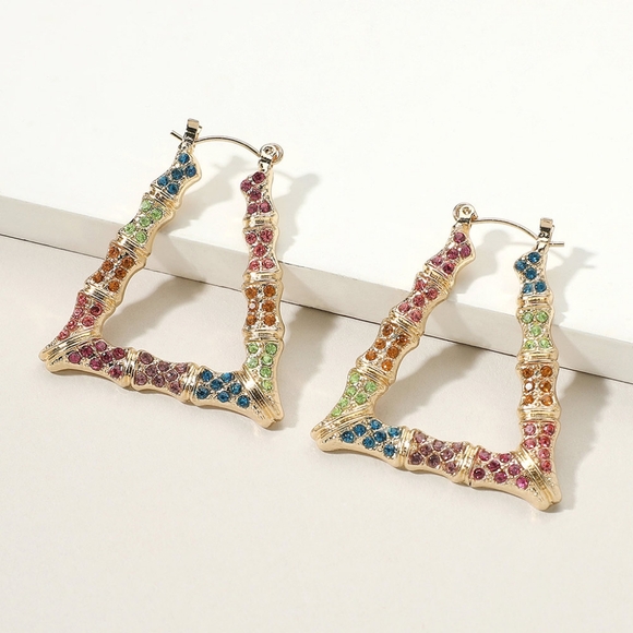 MultiColored Bamboo Door Knocker Earrings Trendy Crystal Rhinestone Hoop Jewelry - Picture 3 of 5